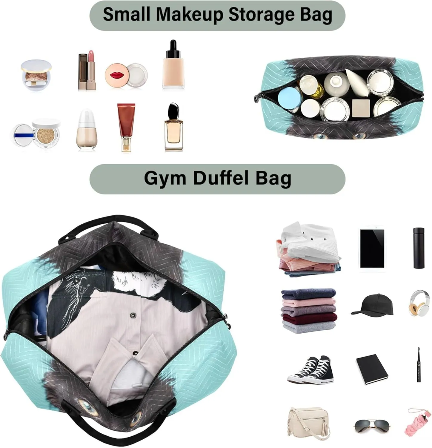 Cat Dog Pet Print Duffel Bags Travel Cosmetic Bag Set of 2, Flower Women Tote Gym Bag Weekender Bags