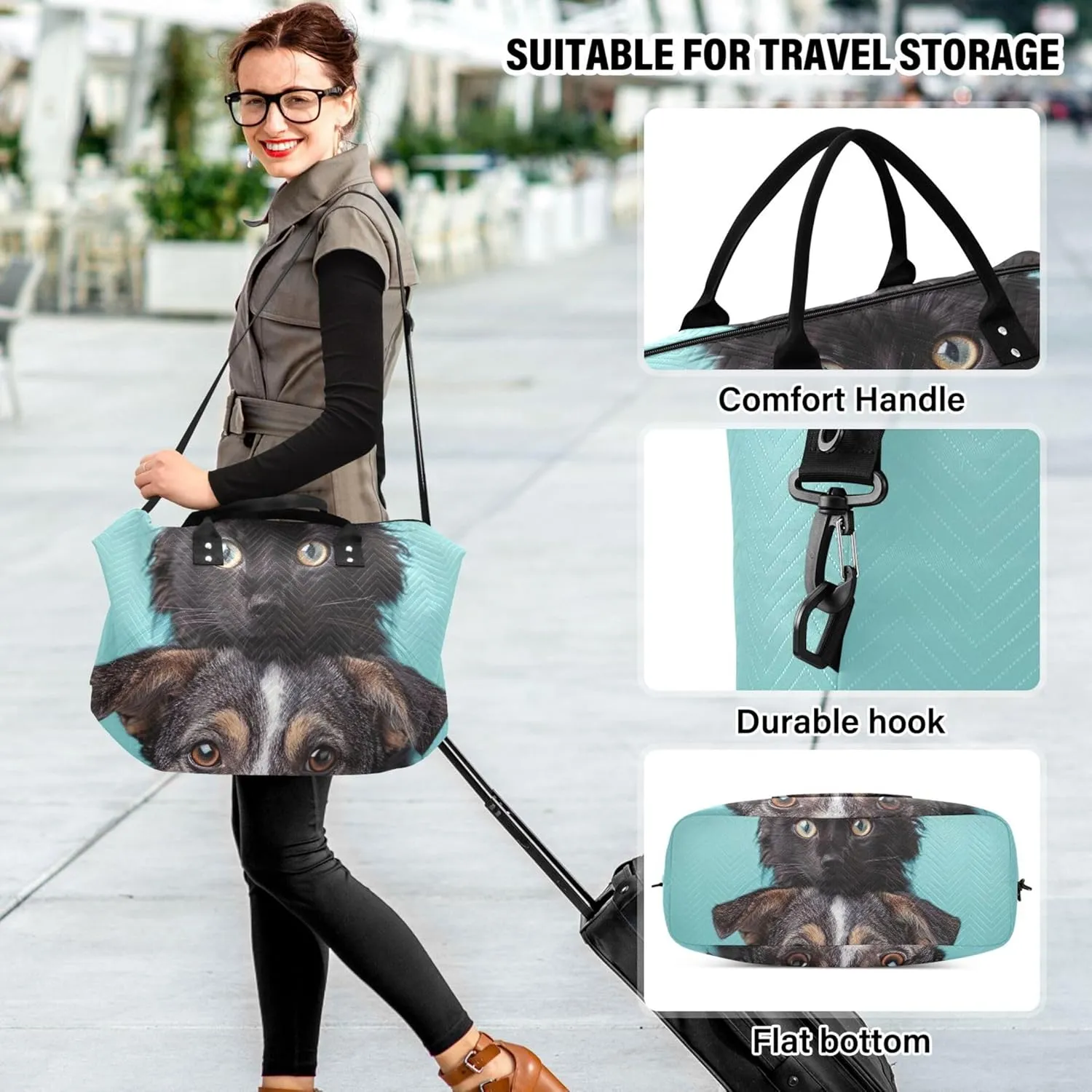 Cat Dog Pet Print Duffel Bags Travel Cosmetic Bag Set of 2, Flower Women Tote Gym Bag Weekender Bags