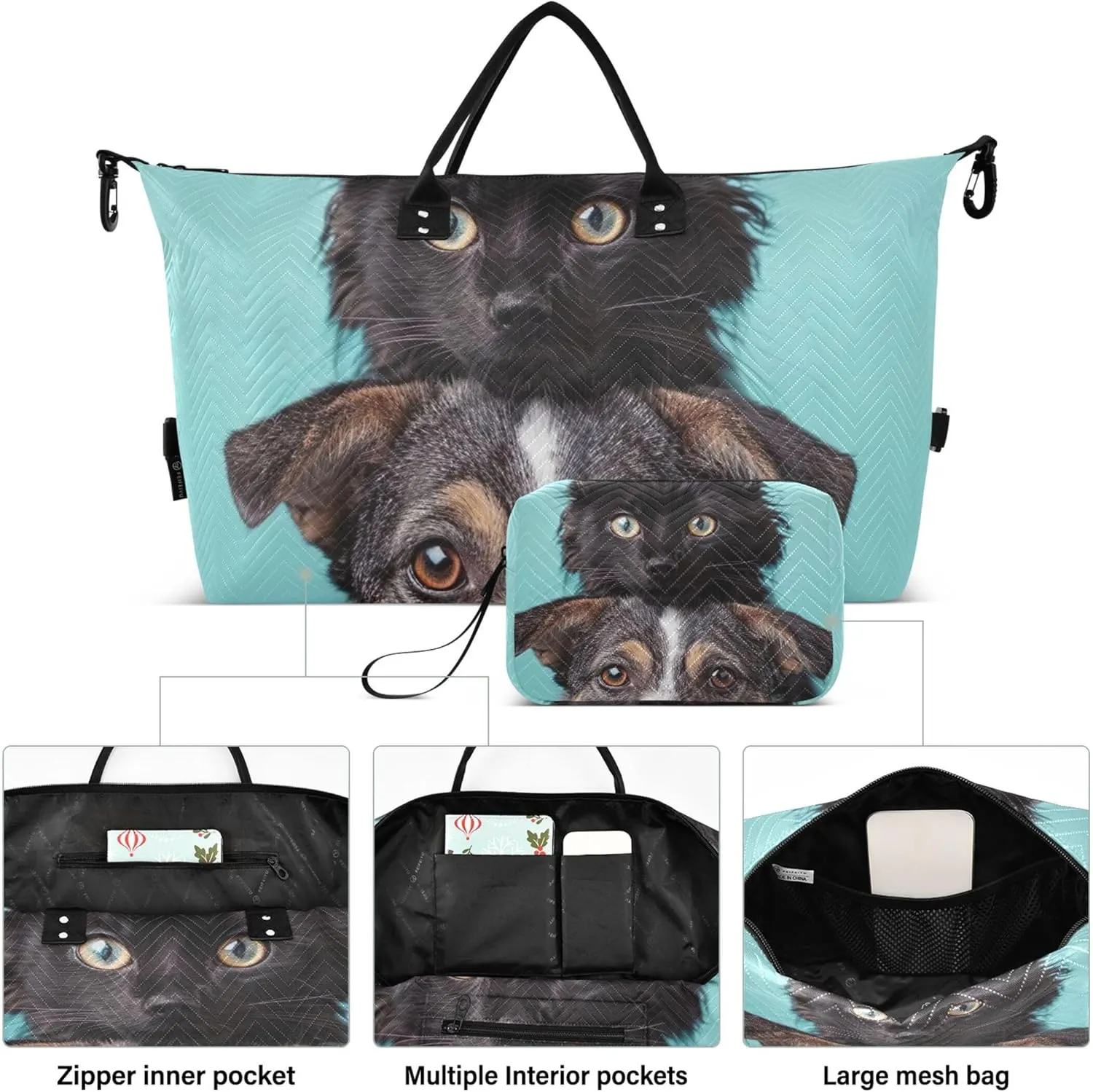 Cat Dog Pet Print Duffel Bags Travel Cosmetic Bag Set of 2, Flower Women Tote Gym Bag Weekender Bags