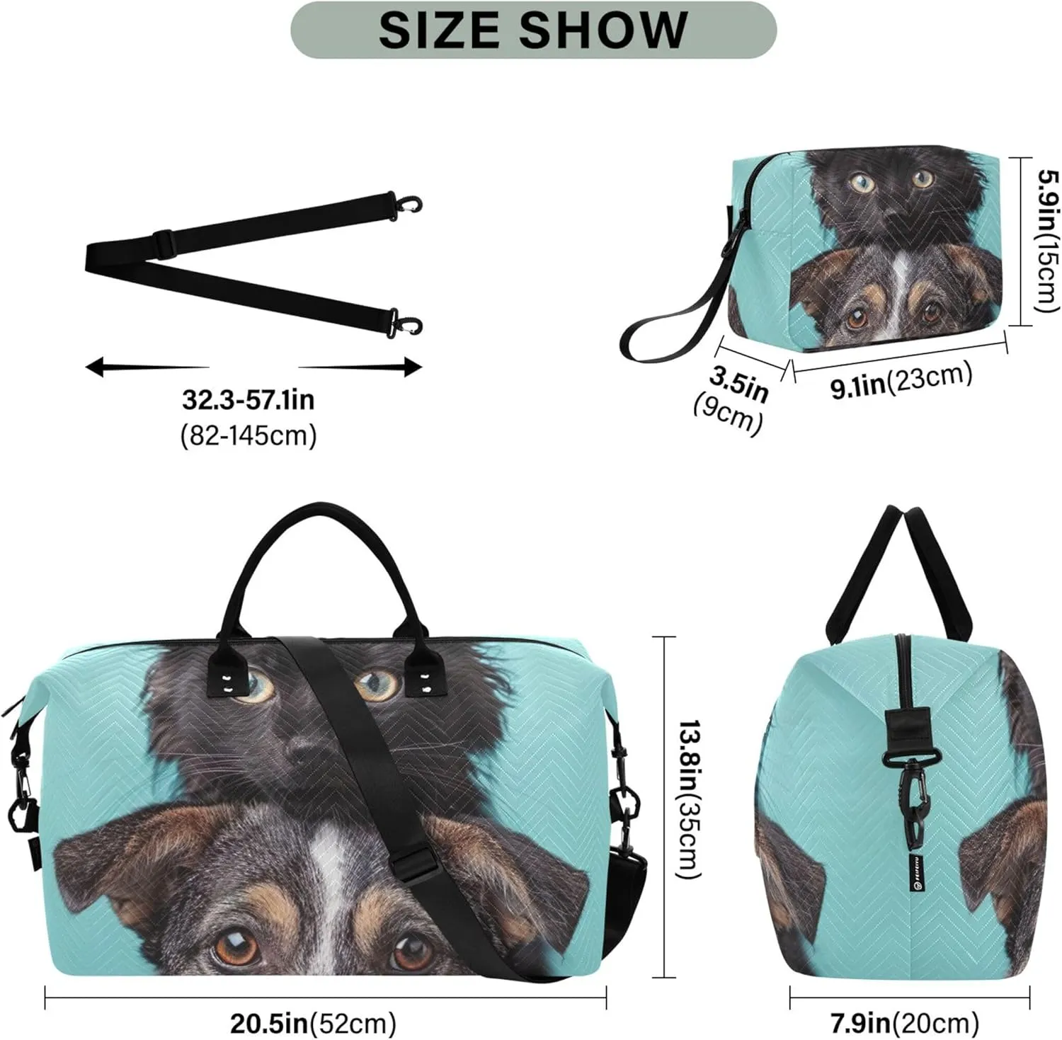 Cat Dog Pet Print Duffel Bags Travel Cosmetic Bag Set of 2, Flower Women Tote Gym Bag Weekender Bags