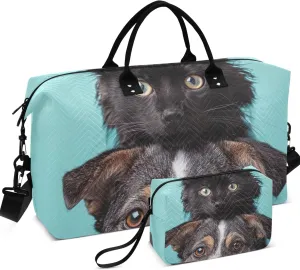 Cat Dog Pet Print Duffel Bags Travel Cosmetic Bag Set of 2, Flower Women Tote Gym Bag Weekender Bags