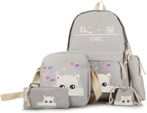 Cat Young Ladies Backpack Set Cat Print Bag Cute Bag 4-Piece Set Gray One Size