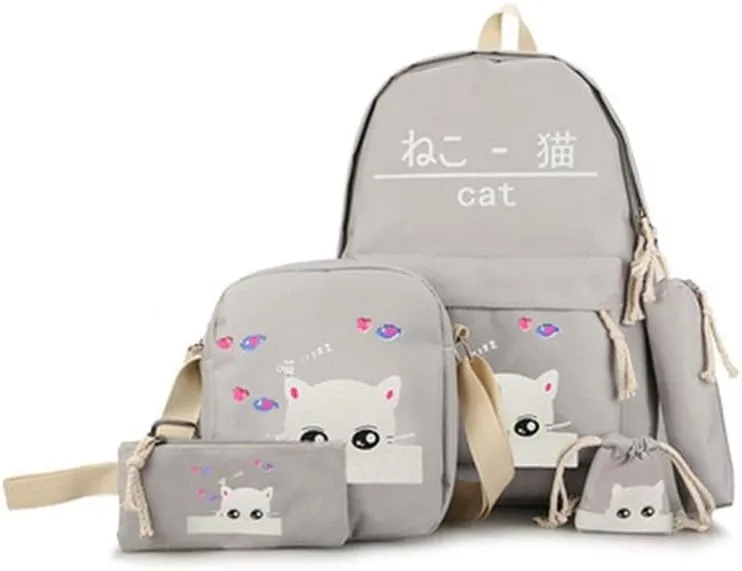 Cat Young Ladies Backpack Set Cat Print Bag Cute Bag 4-Piece Set Gray One Size