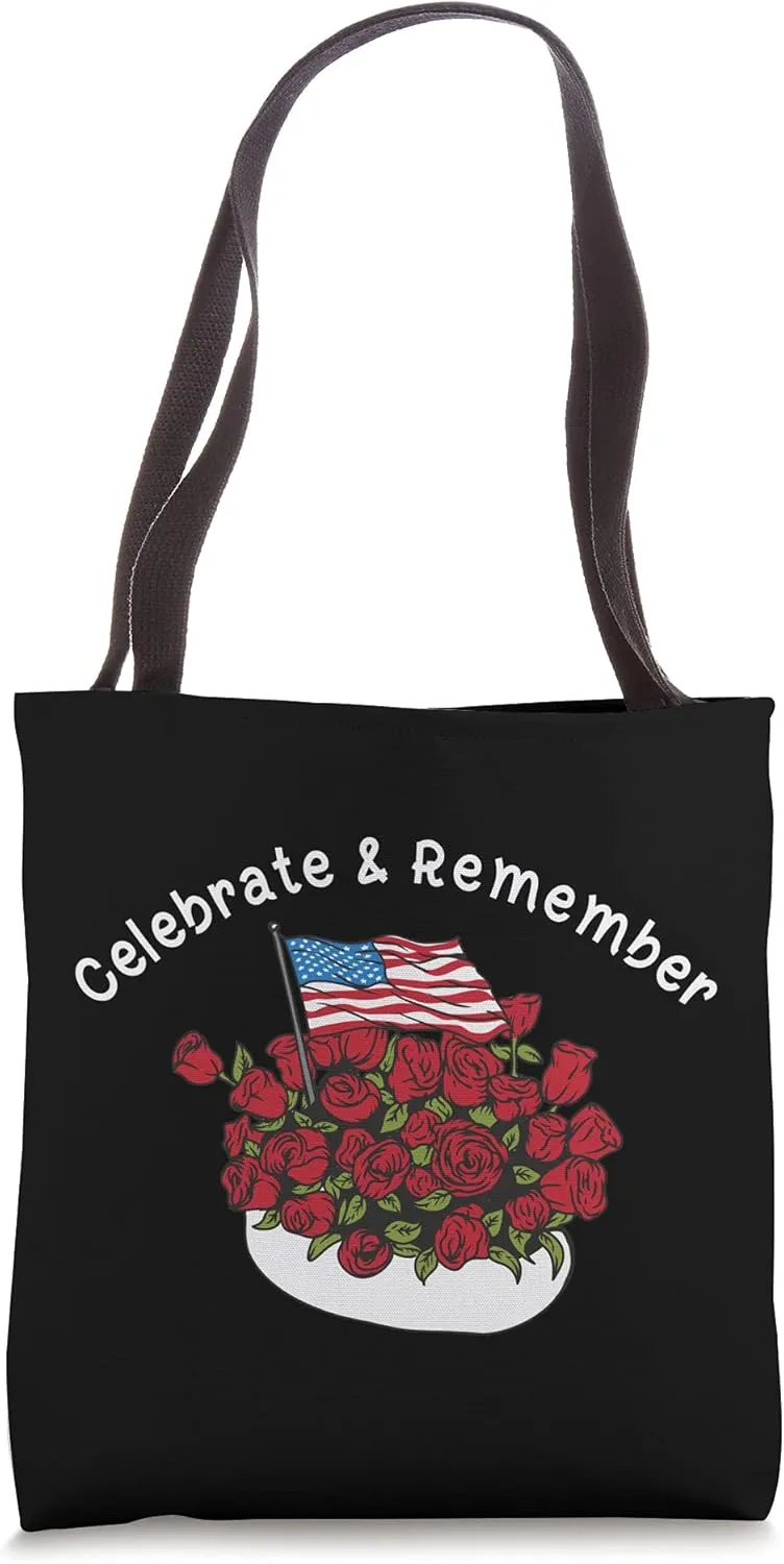 Celebrate & Remember Red Roses US Flag July 4th Floral Tote Bag