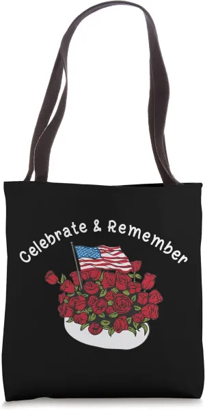 Celebrate & Remember Red Roses US Flag July 4th Floral Tote Bag