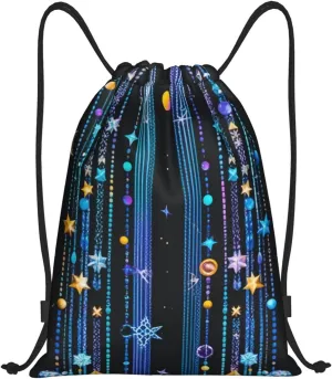 Celestial Cascade Print Drawstring Backpack, Sport Storage Polyester Bag for Women Men Gym, Travel Swimming