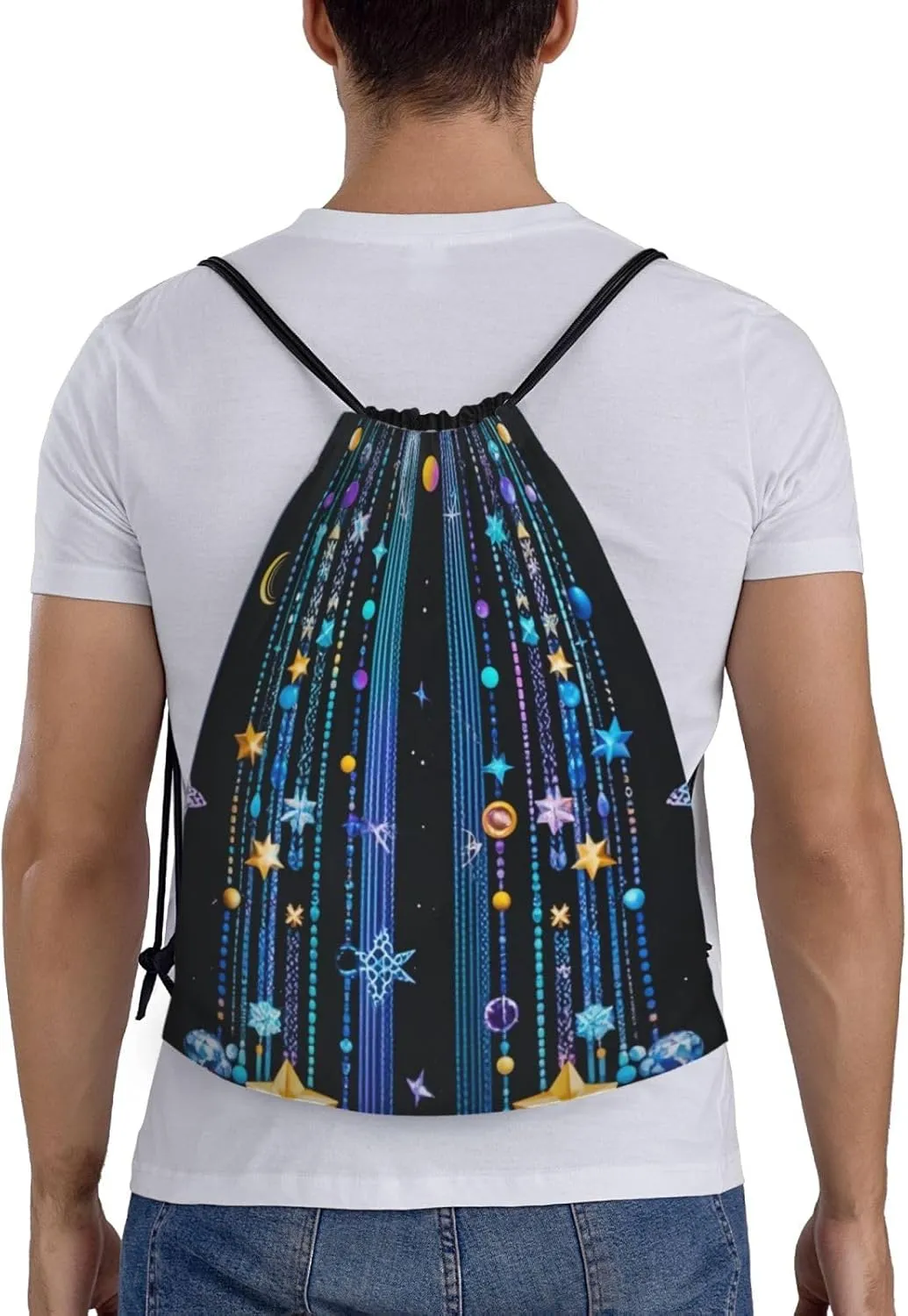 Celestial Cascade Print Drawstring Backpack, Sport Storage Polyester Bag for Women Men Gym, Travel Swimming