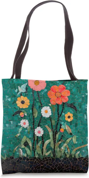 Charming Nature-inspired Mosaic Flowers, A Floral Botanical Tote Bag