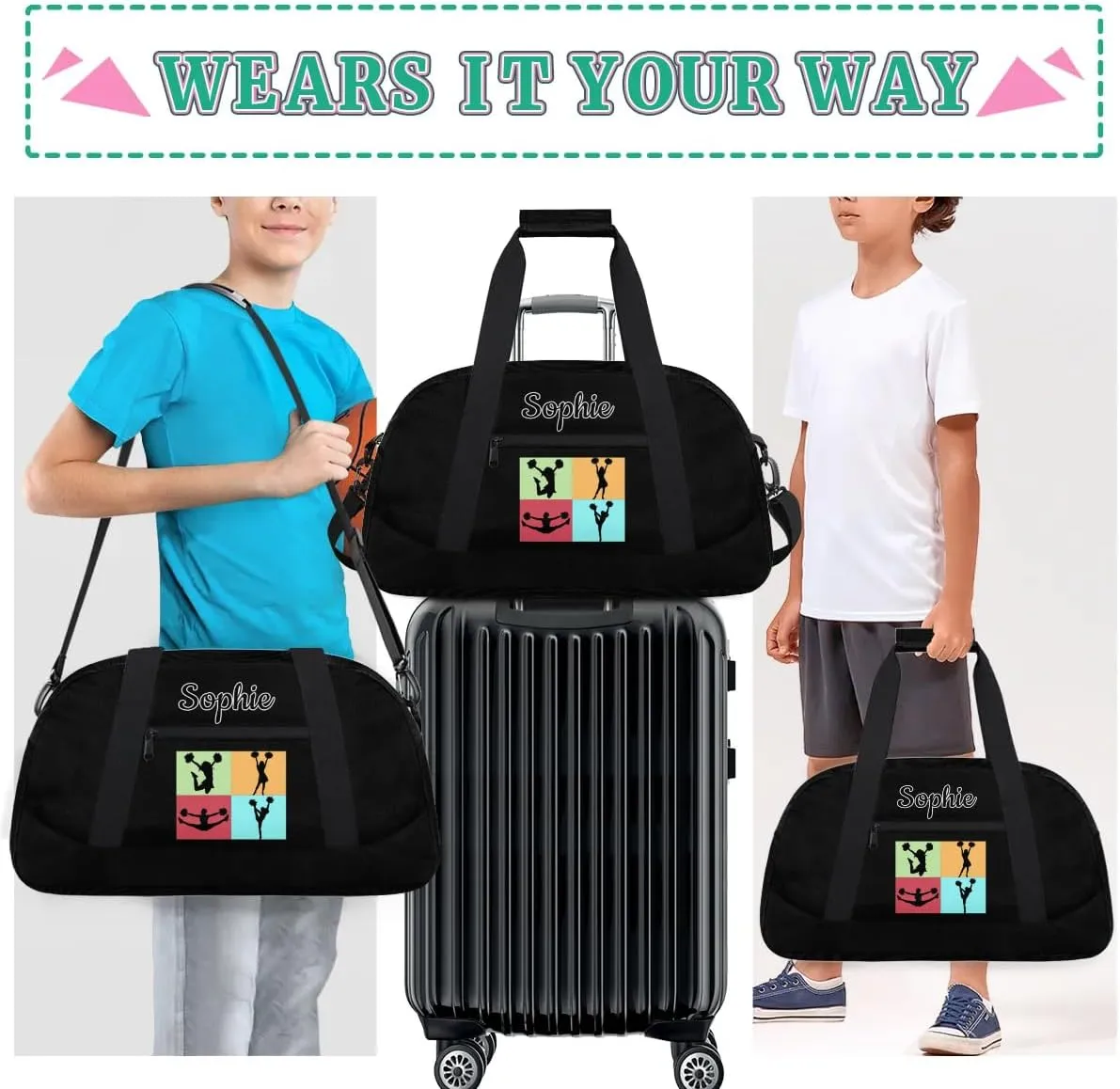 Cheer Custom Name Gym Bag Cheerleader Personalized Sport Duffel Bag Training Bag Carry On Overnight Weekender Travel Tote Bags, Black