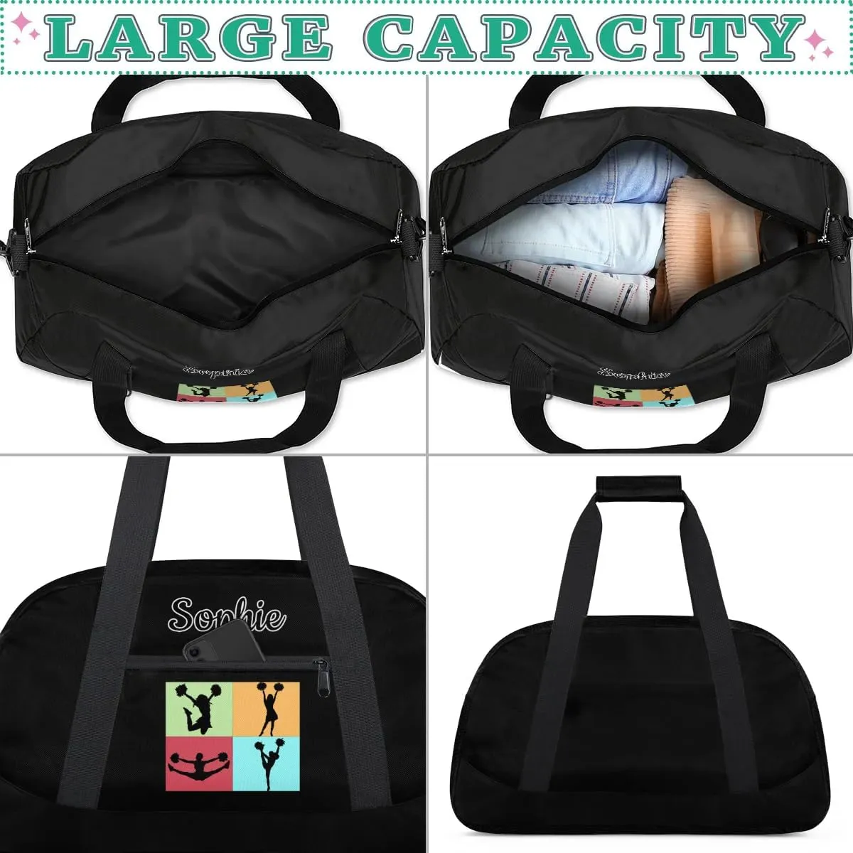 Cheer Custom Name Gym Bag Cheerleader Personalized Sport Duffel Bag Training Bag Carry On Overnight Weekender Travel Tote Bags, Black