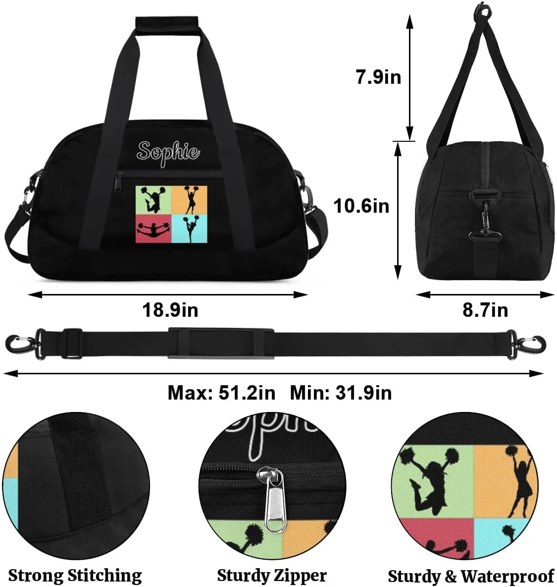 Cheer Custom Name Gym Bag Cheerleader Personalized Sport Duffel Bag Training Bag Carry On Overnight Weekender Travel Tote Bags, Black