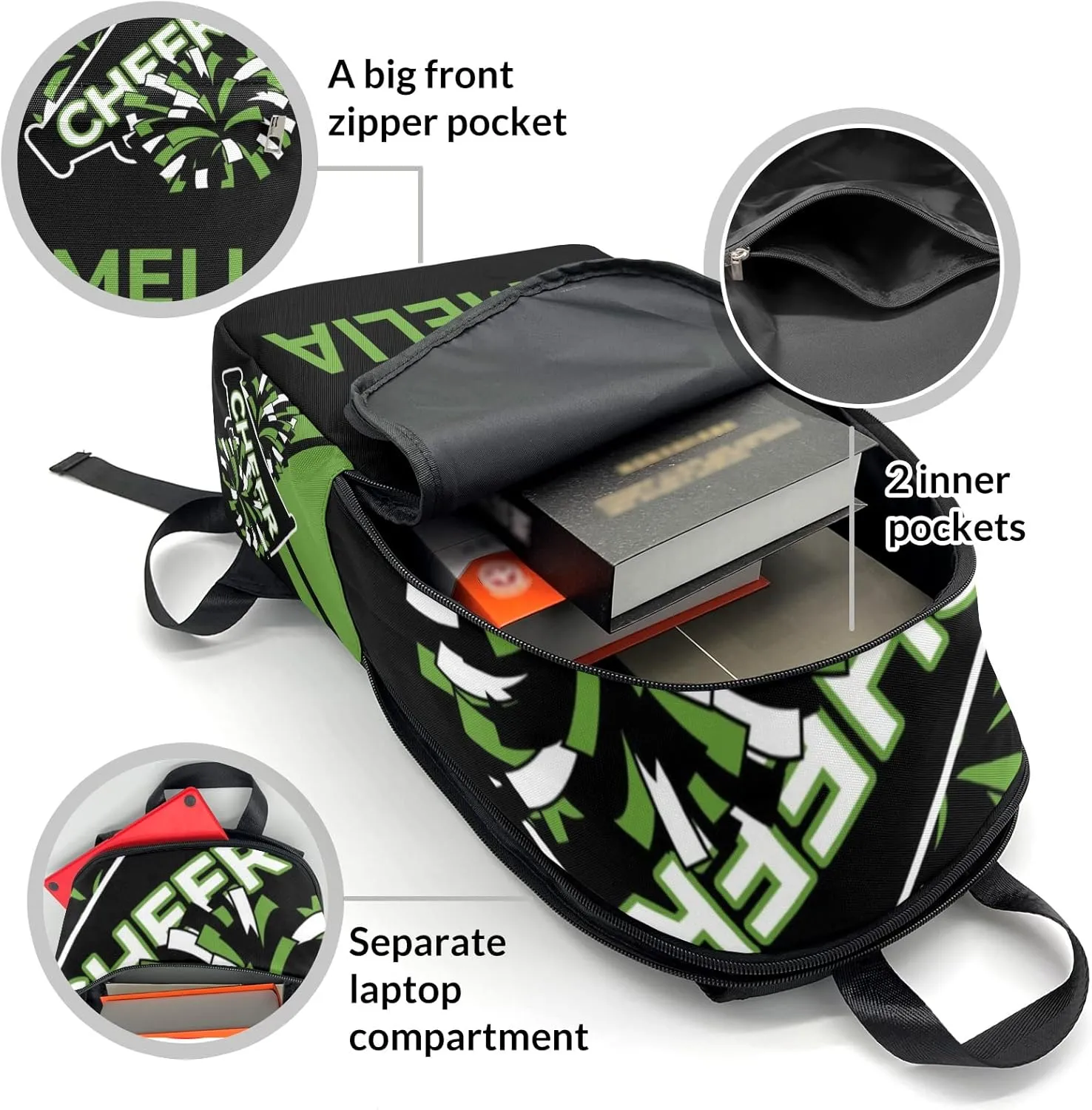Cheerleader Green 1 Personalized Backpack for Teen Boys Girls,Custom Travel Backpack Bookbag Casual Bag Name Gift