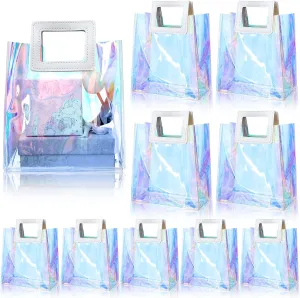 CHENGU 10 Pcs Holographic Gift Bags Iridescent Reusable Clear Birthday Handbag Handle PVC Gift Wrap Shopping Bags Summer Waterproof Transparent Tote for Women Wedding Party(7 x 8 x 4 Inch)