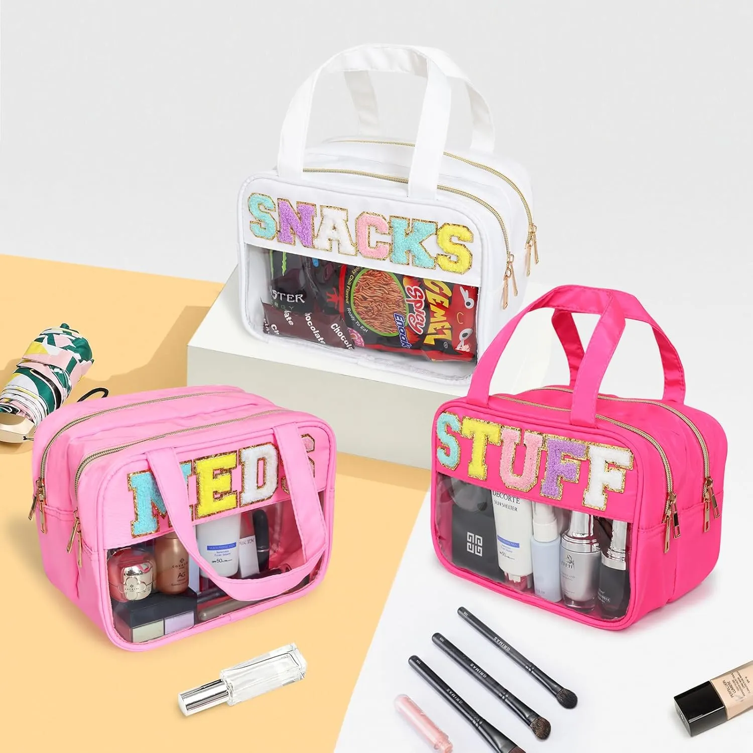 Chenille Letter Clear Large Makeup Bag, Preppy Cosmetic Bag Clear Snack Bags with Zipper,Stuff Bag Waterproof Bag Travel Toiletry Bag Cosmetic Pouch for Women Girls (Pink-SNACKS)
