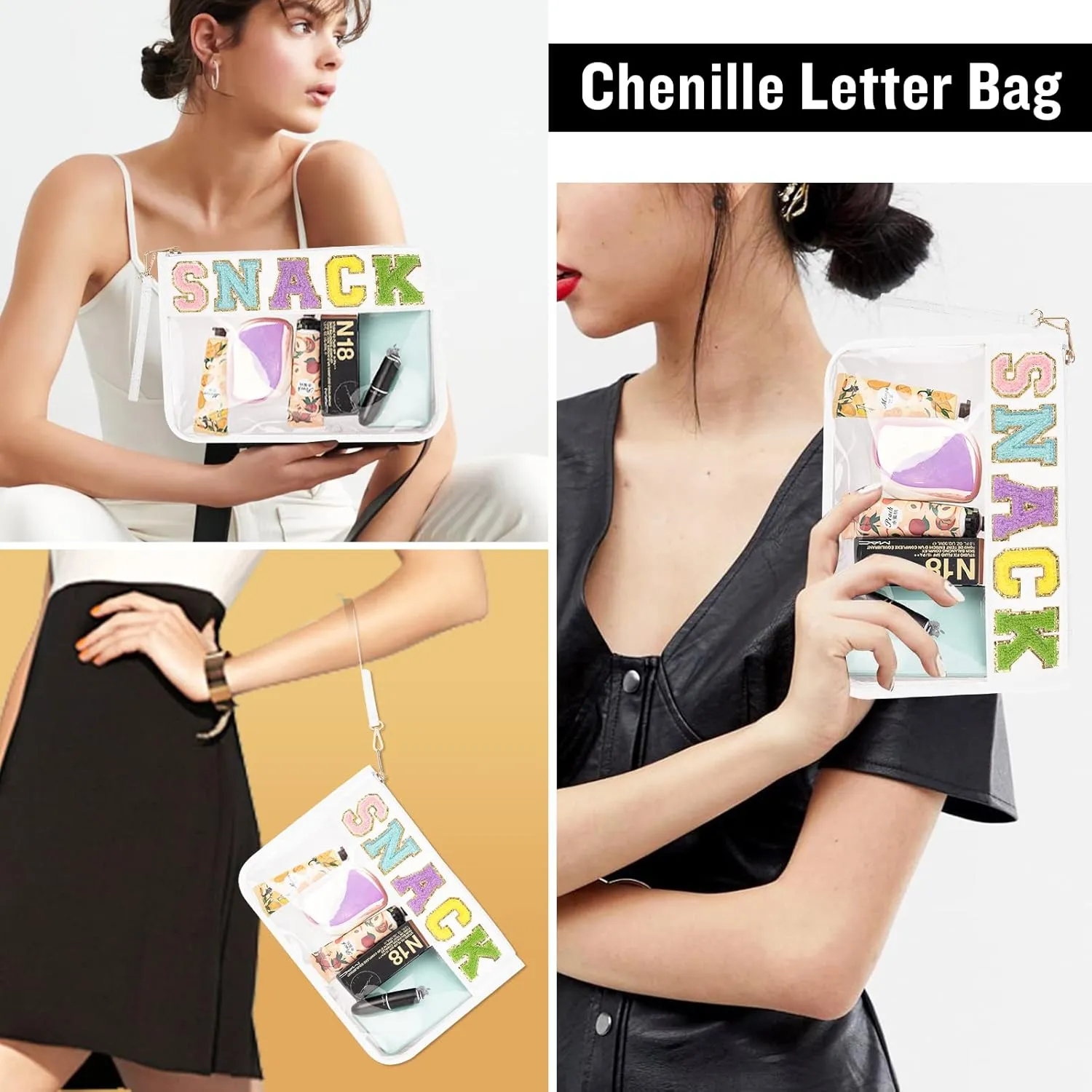 Chenille Letter Clear Snack Bags Purse Pouch, Monogram PVC & PU Clear Zipper Pouch with Wristlet, Waterproof Portable Glitter Makeup Beach Toiletry Bag for Women Girls (SNACK-White)