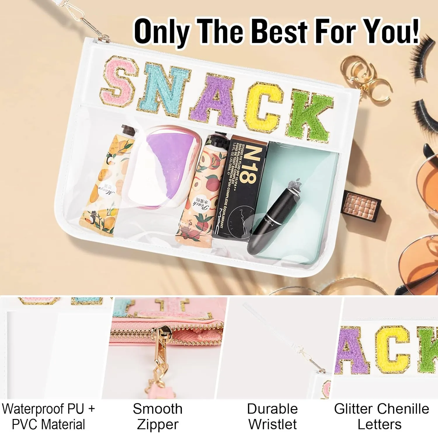 Chenille Letter Clear Snack Bags Purse Pouch, Monogram PVC & PU Clear Zipper Pouch with Wristlet, Waterproof Portable Glitter Makeup Beach Toiletry Bag for Women Girls (SNACK-White)
