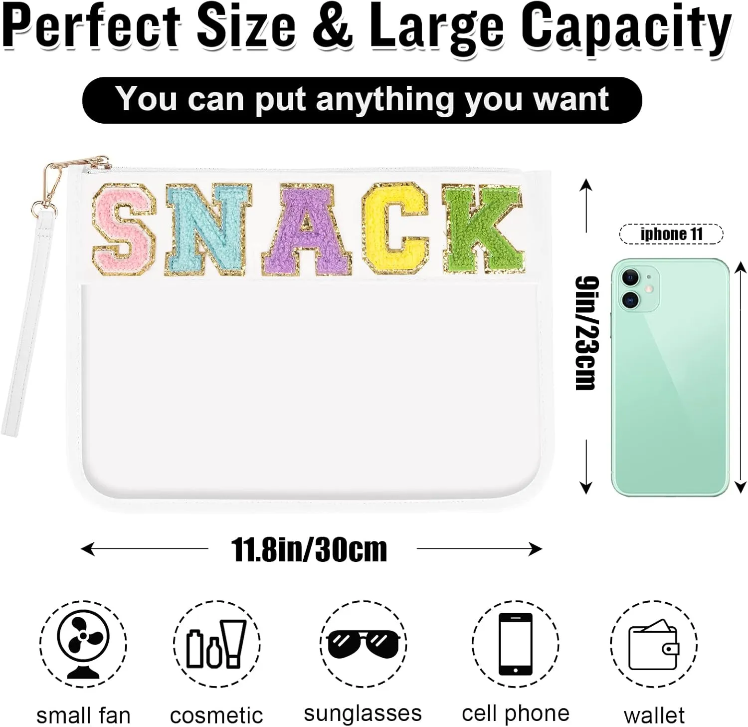 Chenille Letter Clear Snack Bags Purse Pouch, Monogram PVC & PU Clear Zipper Pouch with Wristlet, Waterproof Portable Glitter Makeup Beach Toiletry Bag for Women Girls (SNACK-White)