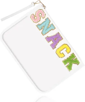 Chenille Letter Clear Snack Bags Purse Pouch, Monogram PVC & PU Clear Zipper Pouch with Wristlet, Waterproof Portable Glitter Makeup Beach Toiletry Bag for Women Girls (SNACK-White)