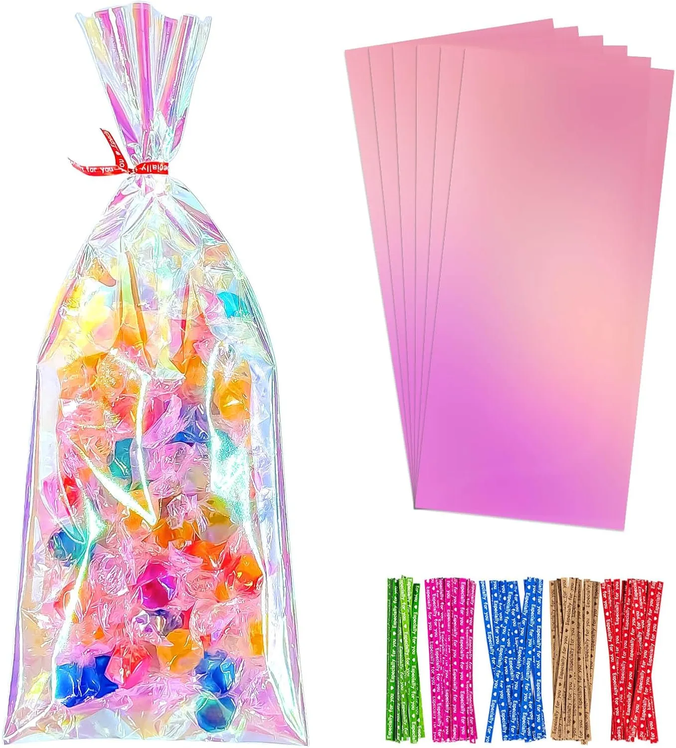 Cherodada Cellophane Treat Bags, 4x10 Inch Iridescent Cellophane Bags with Thank You Stickers and Twist Ties, Celebrations Baby Showers Weddings Birthday Party Gift Wrapping(Pack of 100)