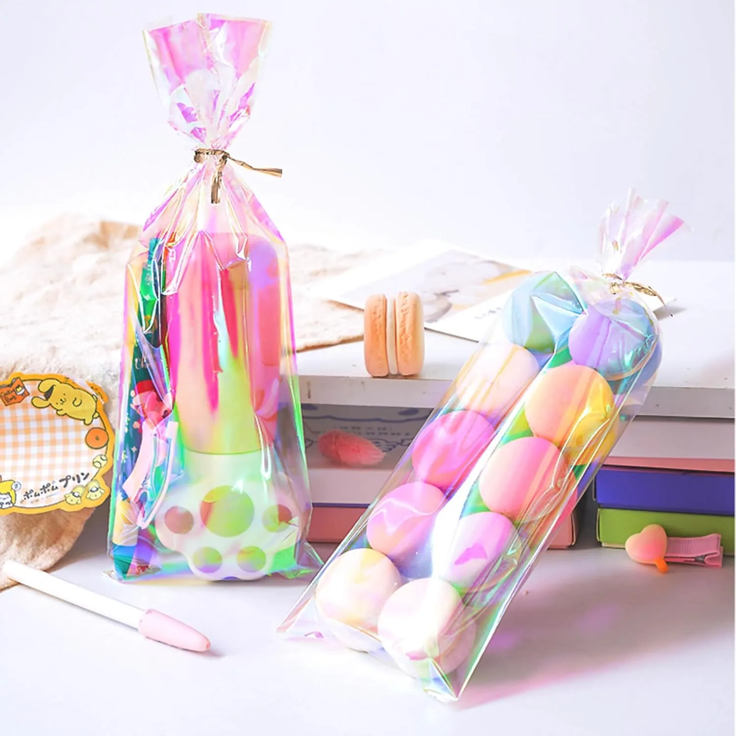 Cherodada Cellophane Treat Bags, 4x10 Inch Iridescent Cellophane Bags with Thank You Stickers and Twist Ties, Celebrations Baby Showers Weddings Birthday Party Gift Wrapping(Pack of 100)