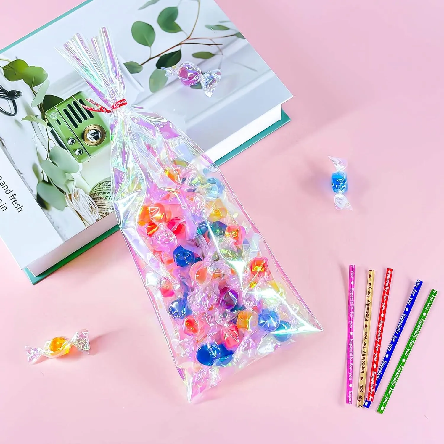 Cherodada Cellophane Treat Bags, 4x10 Inch Iridescent Cellophane Bags with Thank You Stickers and Twist Ties, Celebrations Baby Showers Weddings Birthday Party Gift Wrapping(Pack of 100)