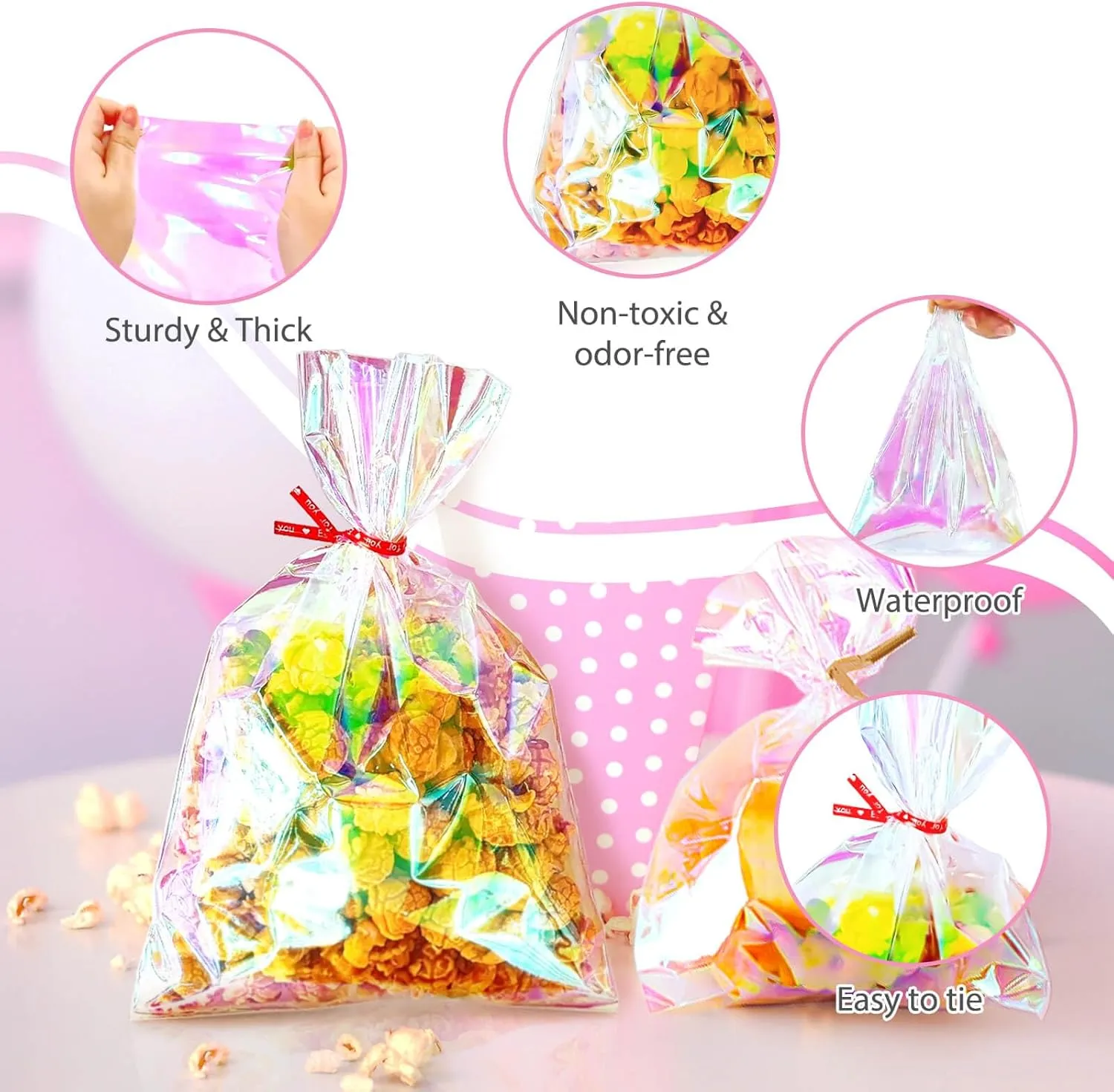 Cherodada Cellophane Treat Bags, 4x10 Inch Iridescent Cellophane Bags with Thank You Stickers and Twist Ties, Celebrations Baby Showers Weddings Birthday Party Gift Wrapping(Pack of 100)