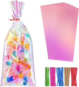 Cherodada Cellophane Treat Bags, 4x10 Inch Iridescent Cellophane Bags with Thank You Stickers and Twist Ties, Celebrations Baby Showers Weddings Birthday Party Gift Wrapping(Pack of 100)