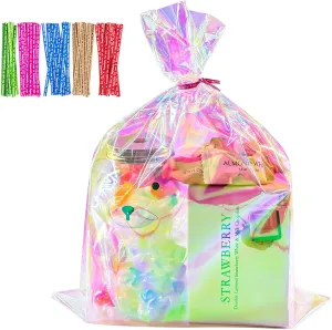 Cherodada Cellophane Treat Bags, 9x12 Inch Iridescent Holographic Pretzel Bags With Twist Ties, Chocolate, Cookies (Pack of 100)