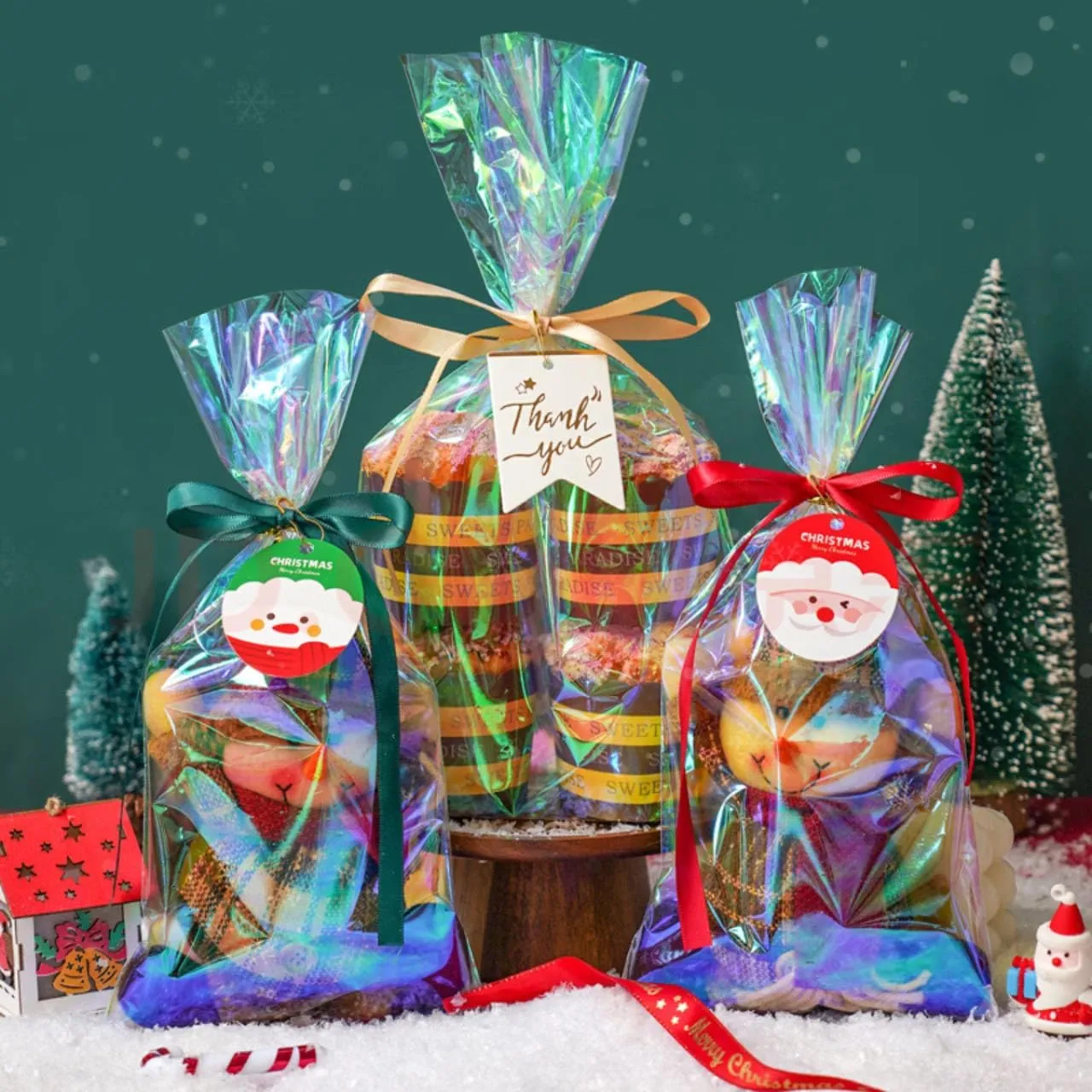 Cherodada Cellophane Treat Bags, 9x12 Inch Iridescent Holographic Pretzel Bags With Twist Ties, Chocolate, Cookies (Pack of 100)