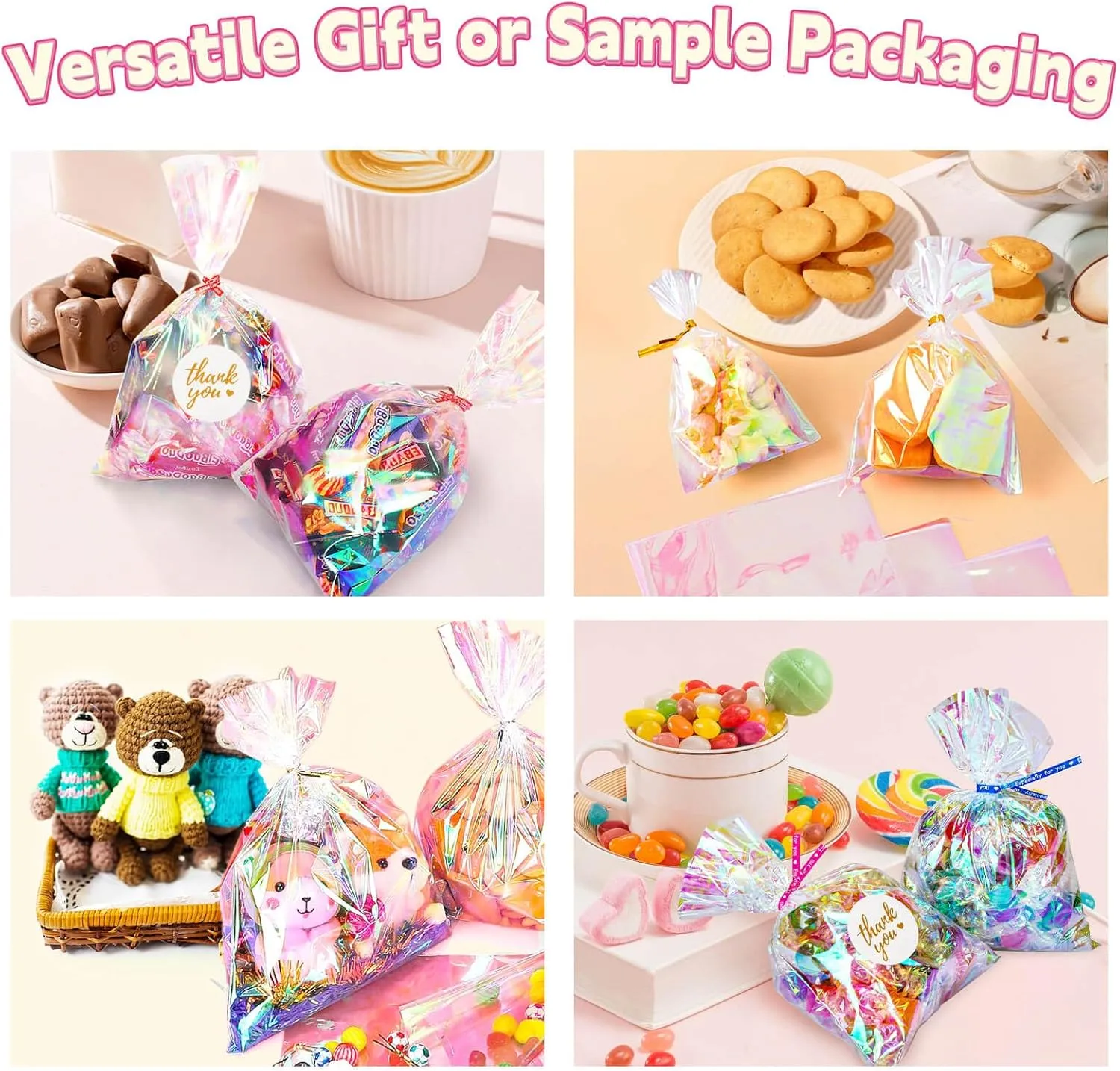 Cherodada Cellophane Treat Bags, 9x12 Inch Iridescent Holographic Pretzel Bags With Twist Ties, Chocolate, Cookies (Pack of 100)