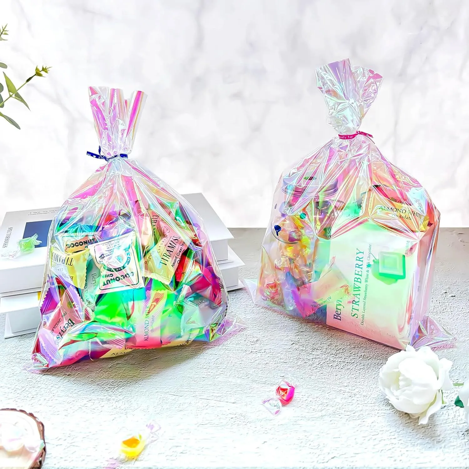 Cherodada Cellophane Treat Bags, 9x12 Inch Iridescent Holographic Pretzel Bags With Twist Ties, Chocolate, Cookies (Pack of 100)