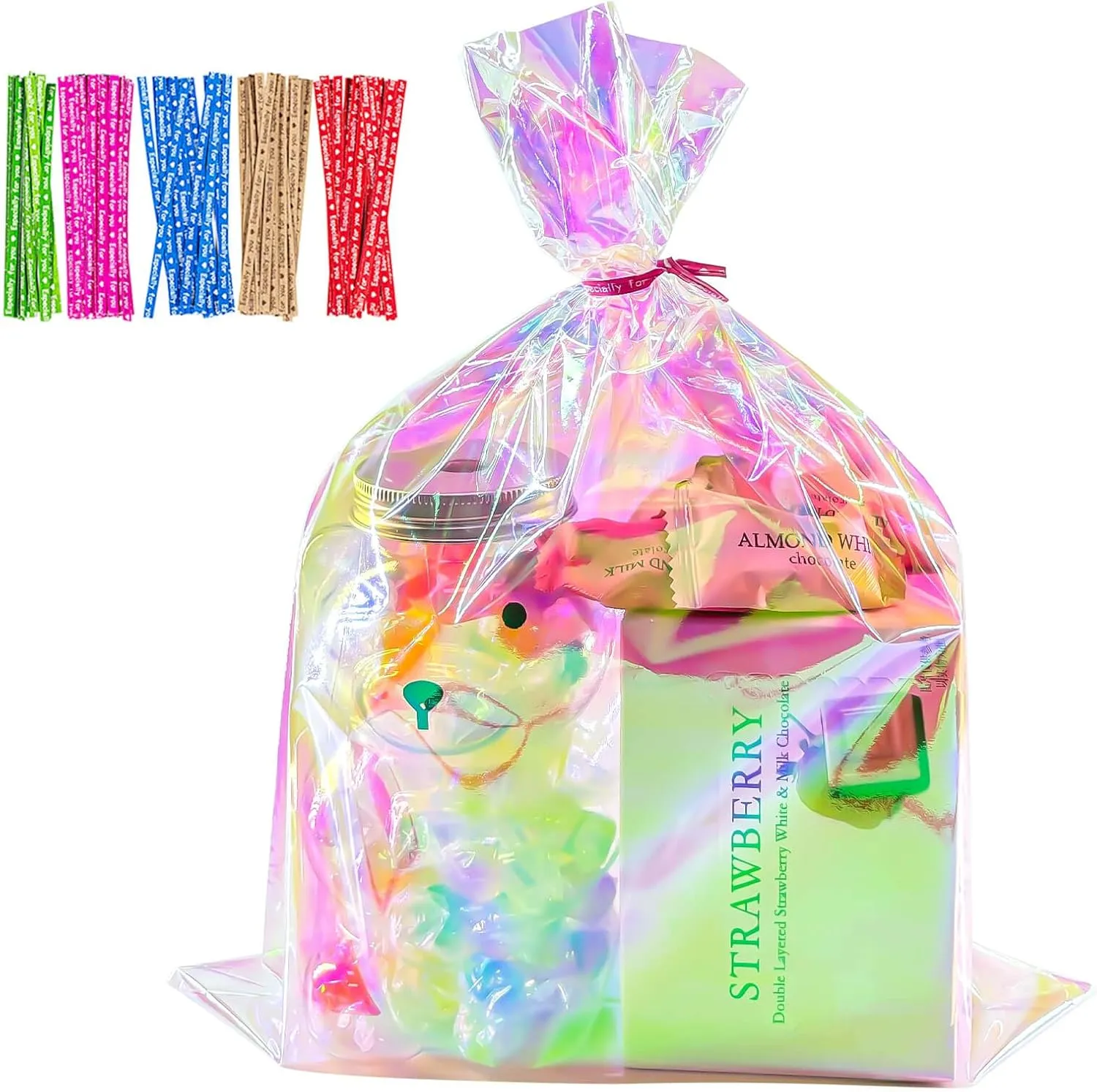 Cherodada Cellophane Treat Bags, 9x12 Inch Iridescent Holographic Pretzel Bags With Twist Ties, Chocolate, Cookies (Pack of 100)