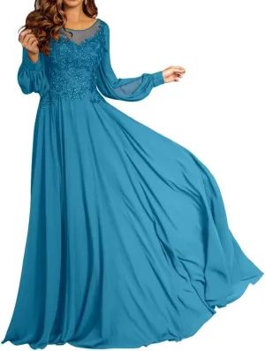 Chiffon Mother of The Bride Dresses for Wedding Party Dress Long Sleeves Prom Dress lace appliqué Evening Dress