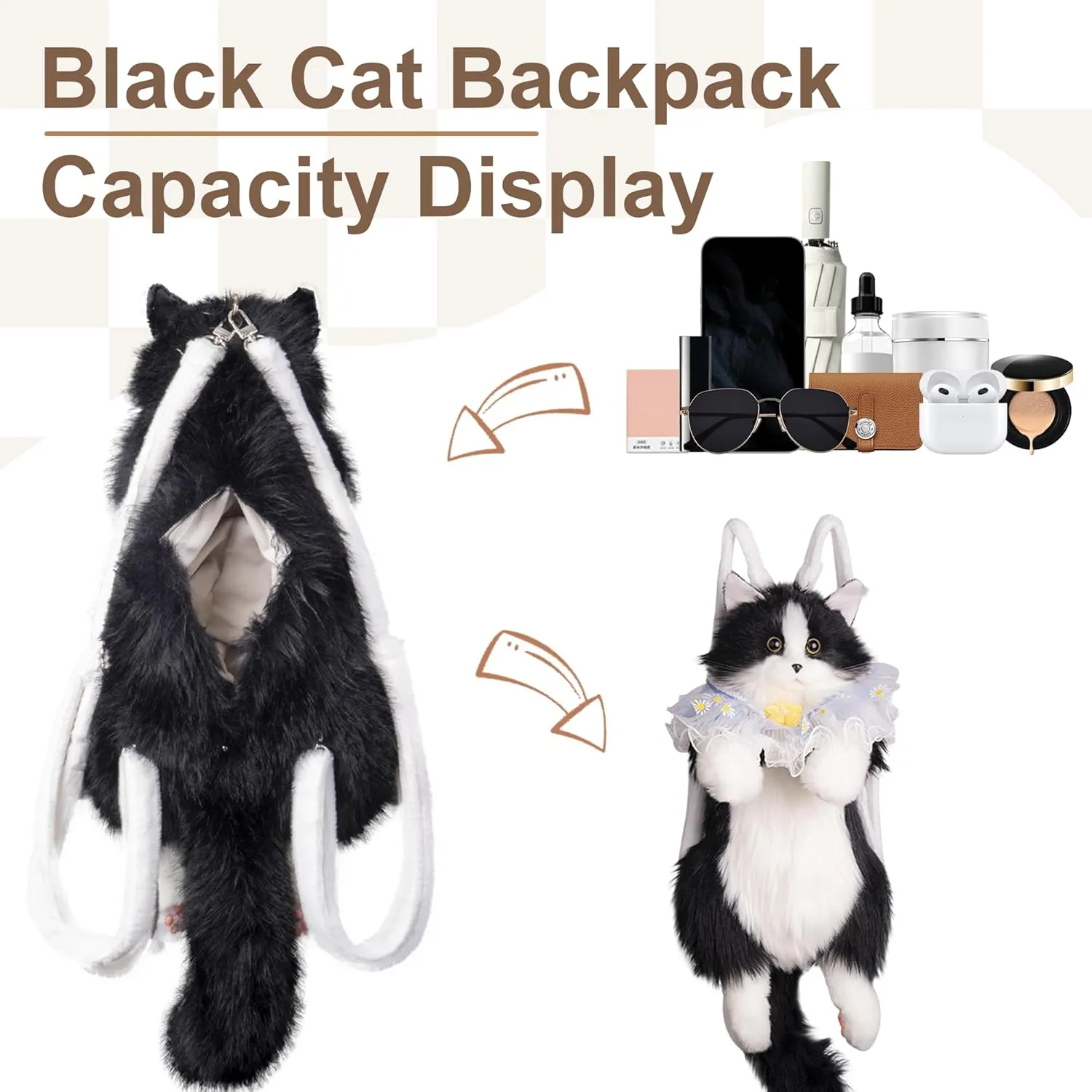 Chongker Stuffed Animals Backpack - Cute Cat plush Backpack Toy, Handcrafted Realistic Cat Shaped Backpack, Heartwarming Surprise Idea, Companionship Stuffed Cat, Large Black Cat