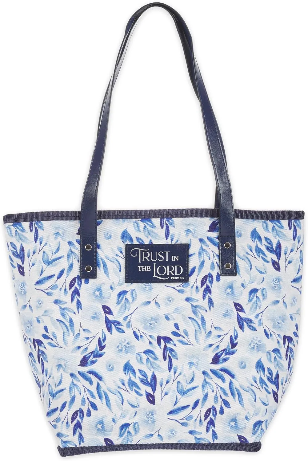 Christian Art Gifts Reusable Fashion Canvas Shopping Tote Bag for Women: Trust in the Lord Inspirational Bible Verse, Vegan Leather Handles, Interior Pockets, White & Blue Floral