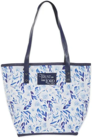 Christian Art Gifts Reusable Fashion Canvas Shopping Tote Bag for Women: Trust in the Lord Inspirational Bible Verse, Vegan Leather Handles, Interior Pockets, White & Blue Floral