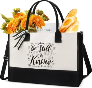 Christian Canvas Tote Bag - Bible Verse Gifts Bags Be Still and Know Bible Floral Canvas Bags Beach Bag with Zipper Gifts Personalized Inspirational Present for Women Birthday Thanksgiving