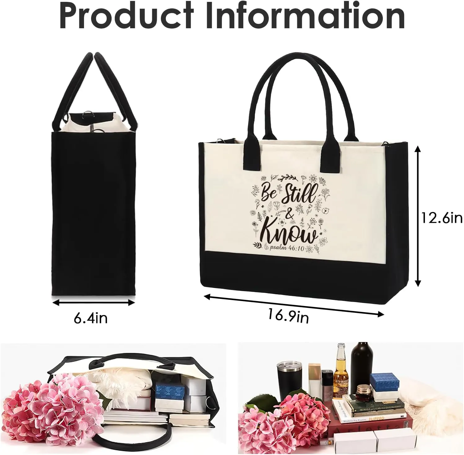 Christian Canvas Tote Bag - Bible Verse Gifts Bags Be Still and Know Bible Floral Canvas Bags Beach Bag with Zipper Gifts Personalized Inspirational Present for Women Birthday Thanksgiving
