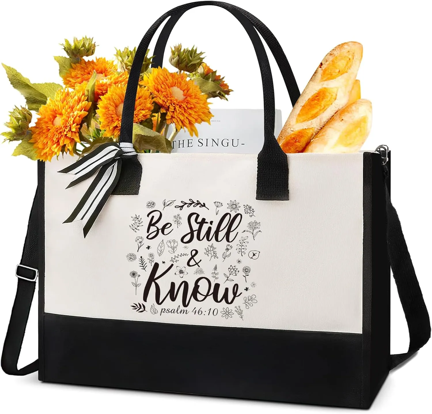 Christian Canvas Tote Bag - Bible Verse Gifts Bags Be Still and Know Bible Floral Canvas Bags Beach Bag with Zipper Gifts Personalized Inspirational Present for Women Birthday Thanksgiving