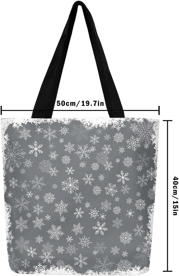 Christmas Canvas Tote Bag,Red Christmas Tree Tote Bag,Winter Magical Snowflake Floral Shopping Grocery Bags
