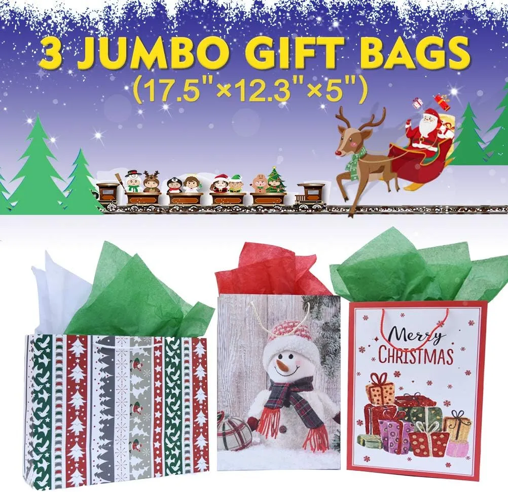 Christmas Gift Bags Bulk Set Christmas Paper Bags Assorted Sizes 3 Jumbo 5 Large 6 Medium 2 Wine Bags 16 Count Glitter Design with 12 Sheets Tissue Paper