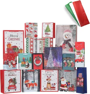 Christmas Gift Bags Bulk Set Christmas Paper Bags Assorted Sizes 3 Jumbo 5 Large 6 Medium 2 Wine Bags 16 Count Glitter Design with 12 Sheets Tissue Paper