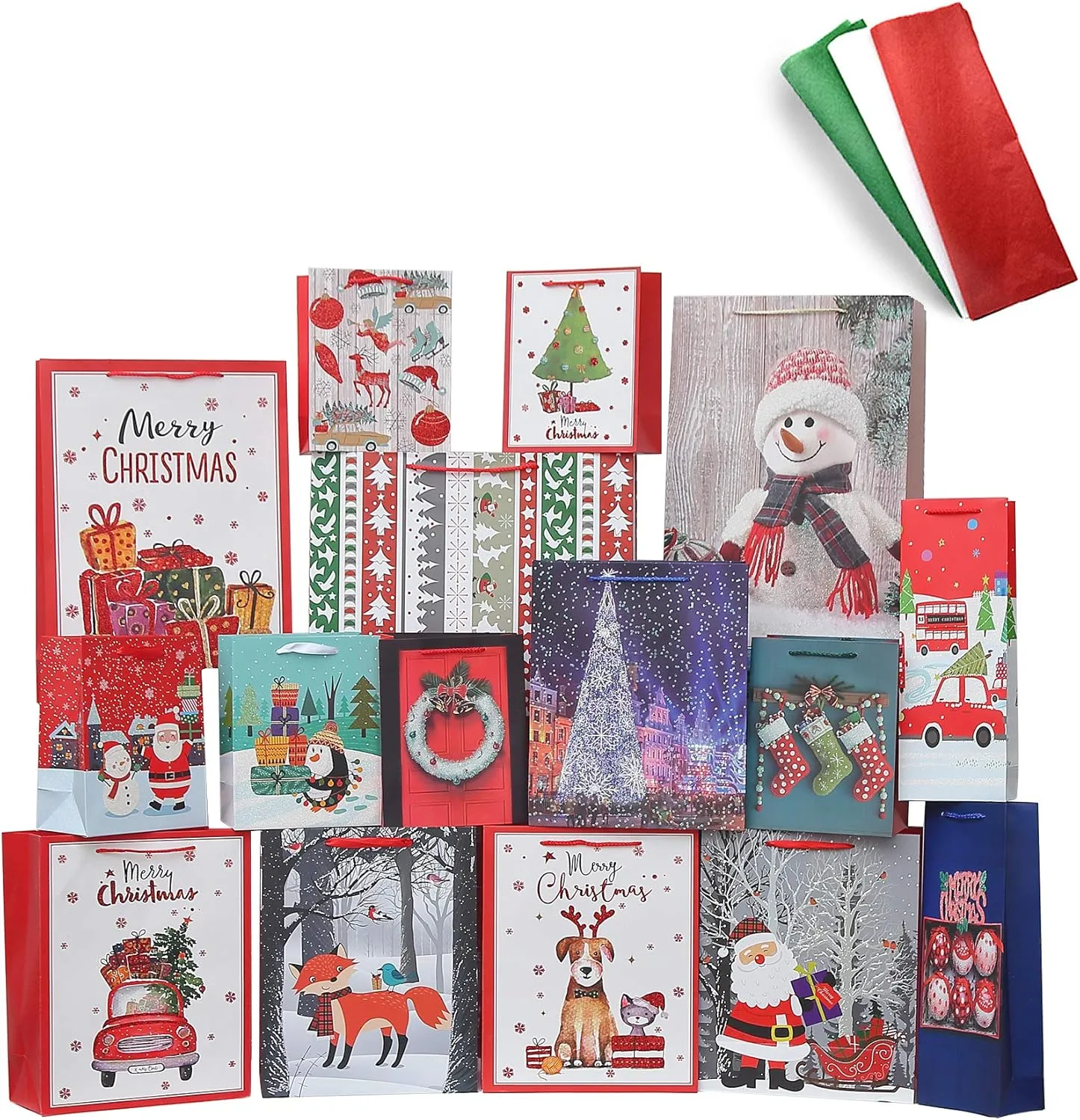 Christmas Gift Bags Bulk Set Christmas Paper Bags Assorted Sizes 3 Jumbo 5 Large 6 Medium 2 Wine Bags 16 Count Glitter Design with 12 Sheets Tissue Paper