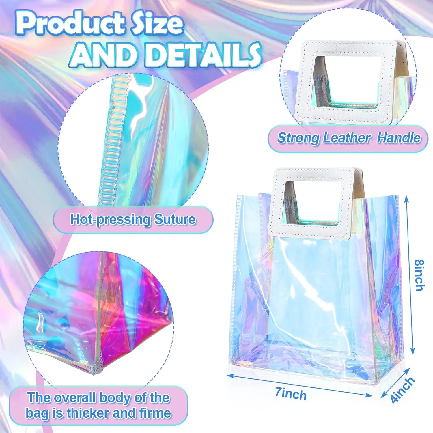 Cindeer 20 Pack Iridescent Gift Bags with Handles - Clear Holographic Tote Bag, Goodie, PVC Gift Wrap for Party, Birthday, Wedding, Baby Shower, Bridal Party Favor(7 x 4 x 8 Inch)