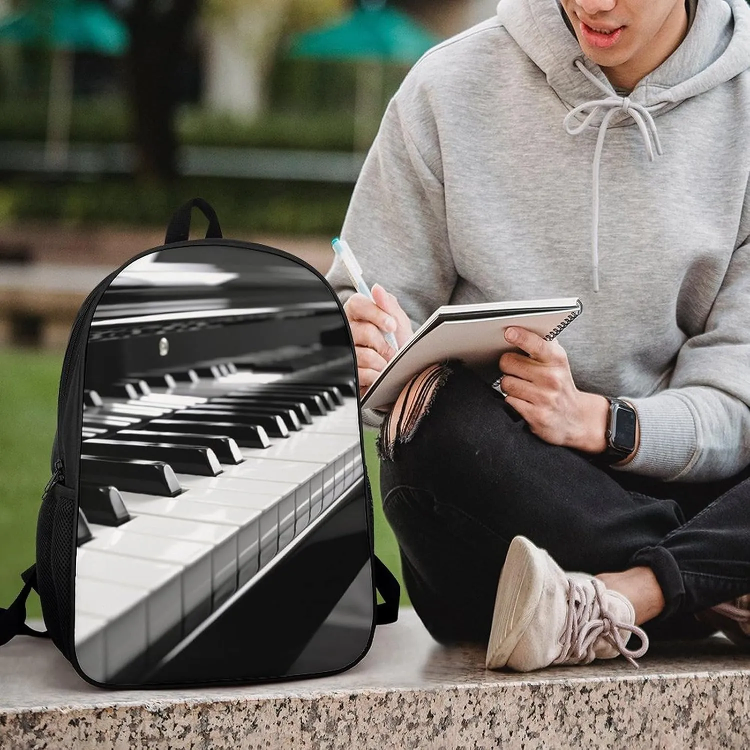 Classic 17 Inch Backpack for Women Men,Black White Piano Print Cute Casual Daypack Backpacks,Basic Light Weight Back Pack,Travel Hiking Work Laptop Backpack