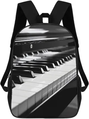 Classic 17 Inch Backpack for Women Men,Black White Piano Print Cute Casual Daypack Backpacks,Basic Light Weight Back Pack,Travel Hiking Work Laptop Backpack