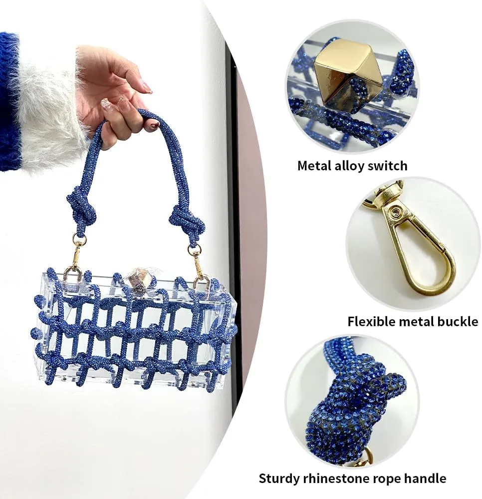 Clear Acrylic Clutch, Glitter Rhinestone Purse Handbag with Bling Rope for Banquet Party (Blue)