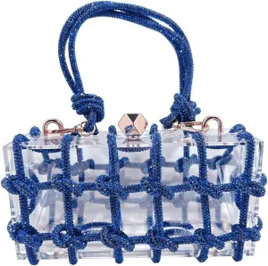 Clear Acrylic Clutch, Glitter Rhinestone Purse Handbag with Bling Rope for Banquet Party (Blue)