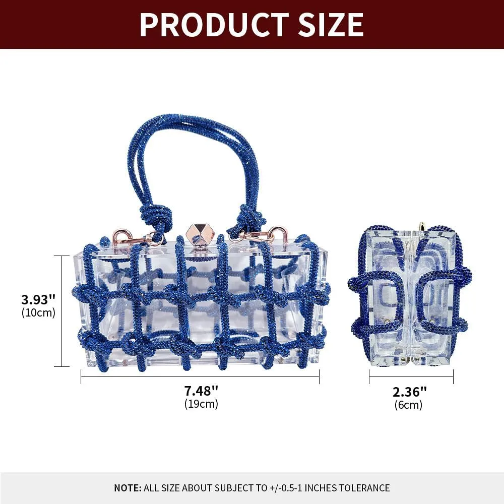 Clear Acrylic Clutch, Glitter Rhinestone Purse Handbag with Bling Rope for Banquet Party (Blue)