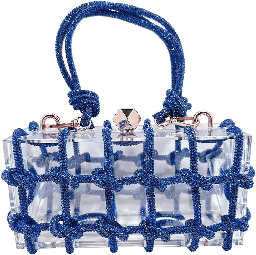 Clear Acrylic Clutch, Glitter Rhinestone Purse Handbag with Bling Rope for Banquet Party (Blue)